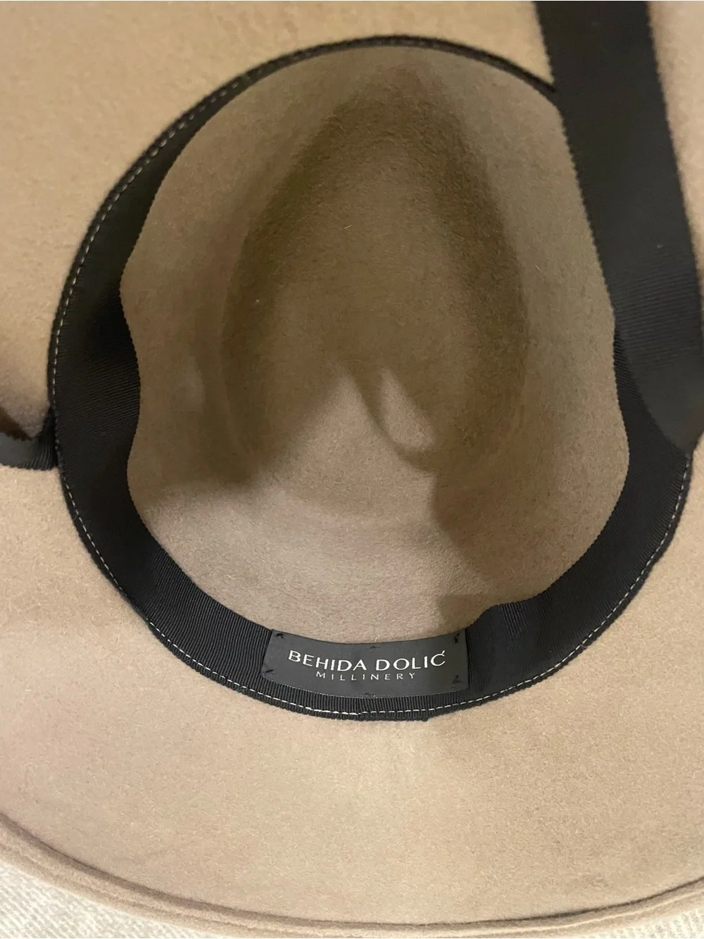 Behida Dolic Millinery Wide Brim Felt Hat in Taupe with Black Chin Strap